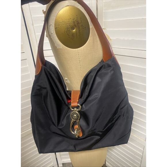 Dooney & Bourke Handbags - Dooney & Bourke Slouchy Hobo Bag, Logo Lock. Black Nylon, Brown Leather Trim